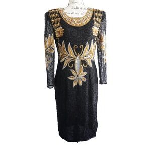 VTG Black Sequin Gold Silver Embellish Long Sleeve Evening Dress M Mardi Gras